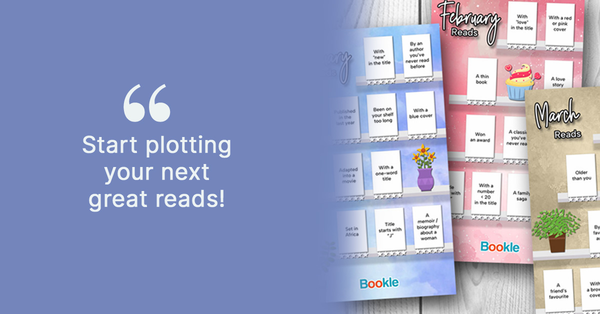 A preview of printable monthly reading challenge trackers and checklists, designed to help you organize your secondhand book collection on Bookle.