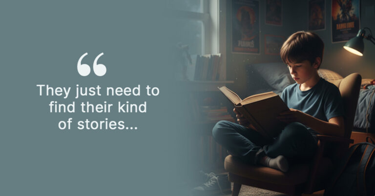 A young boy completely engrossed in a book in his room, illustrating how used books can spark a lifelong love of reading.