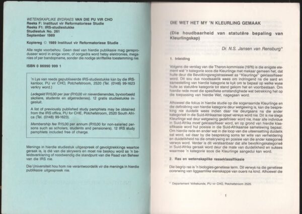 Die Wet Het Van My ‘n Kleurling Gemaak — Dr. N. S. Jansen Van Rensburg secondhand book