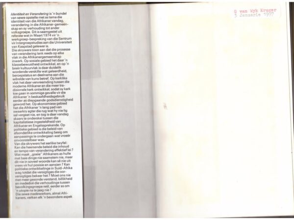 Identiteit En Verandering: Sewe Opstelle Oor Die Afrikaner Vandag — Hendrik W. Van der Merwe secondhand book