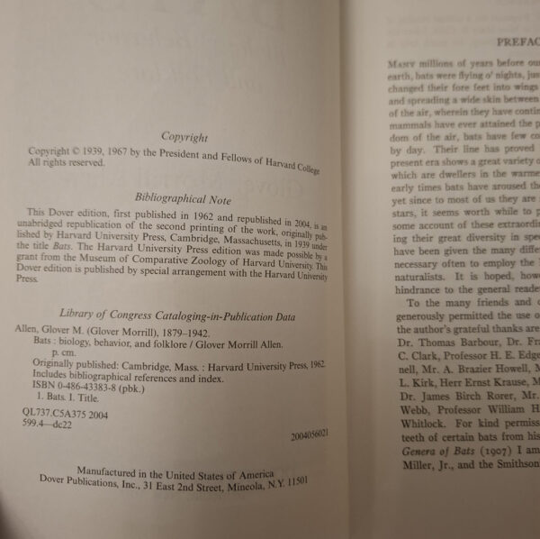 Bats: Biology, Behavior And Folklore – Glover Morrill Allen secondhand book
