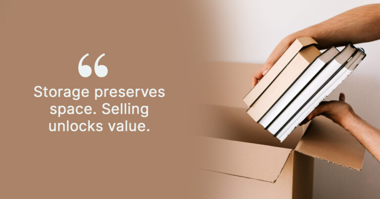 Hands packing books in a box to decide whether to sell or store books in South Africa.