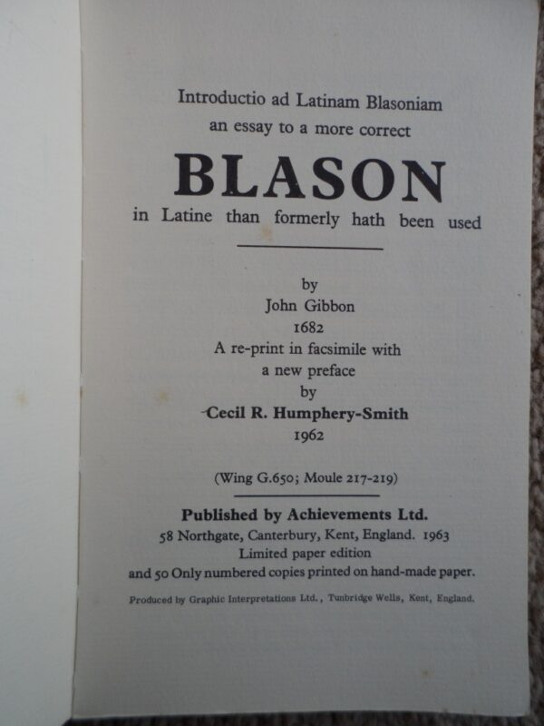 Introductio Ad Latinam Blasoniam – Johanne Gibbono secondhand book