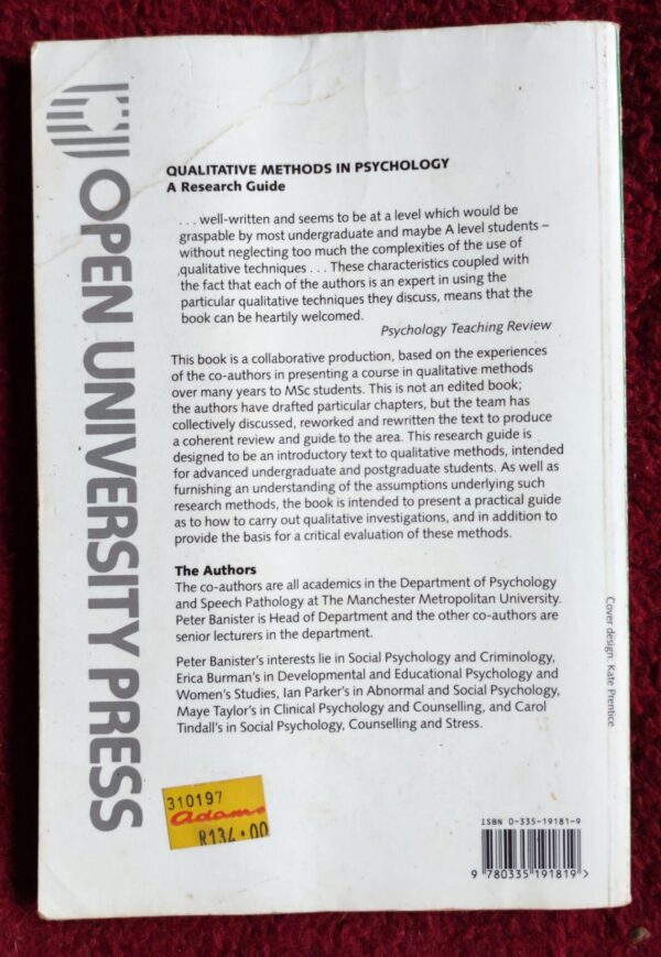 Qualitative Methods In Psychology: A Research Guide – Peter Banister Et Al secondhand book
