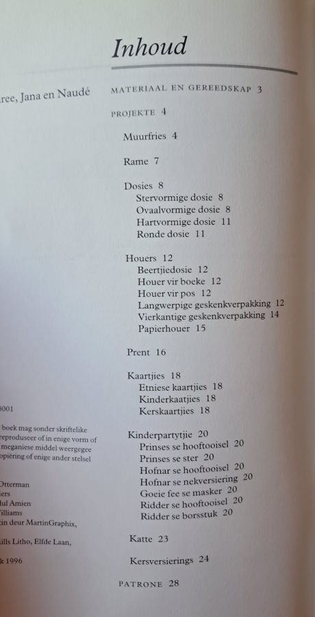 inhoudsopgawe-riffelkarton Riffelkarton: Projekte En Geskenke – Riette Steenkamp secondhand book